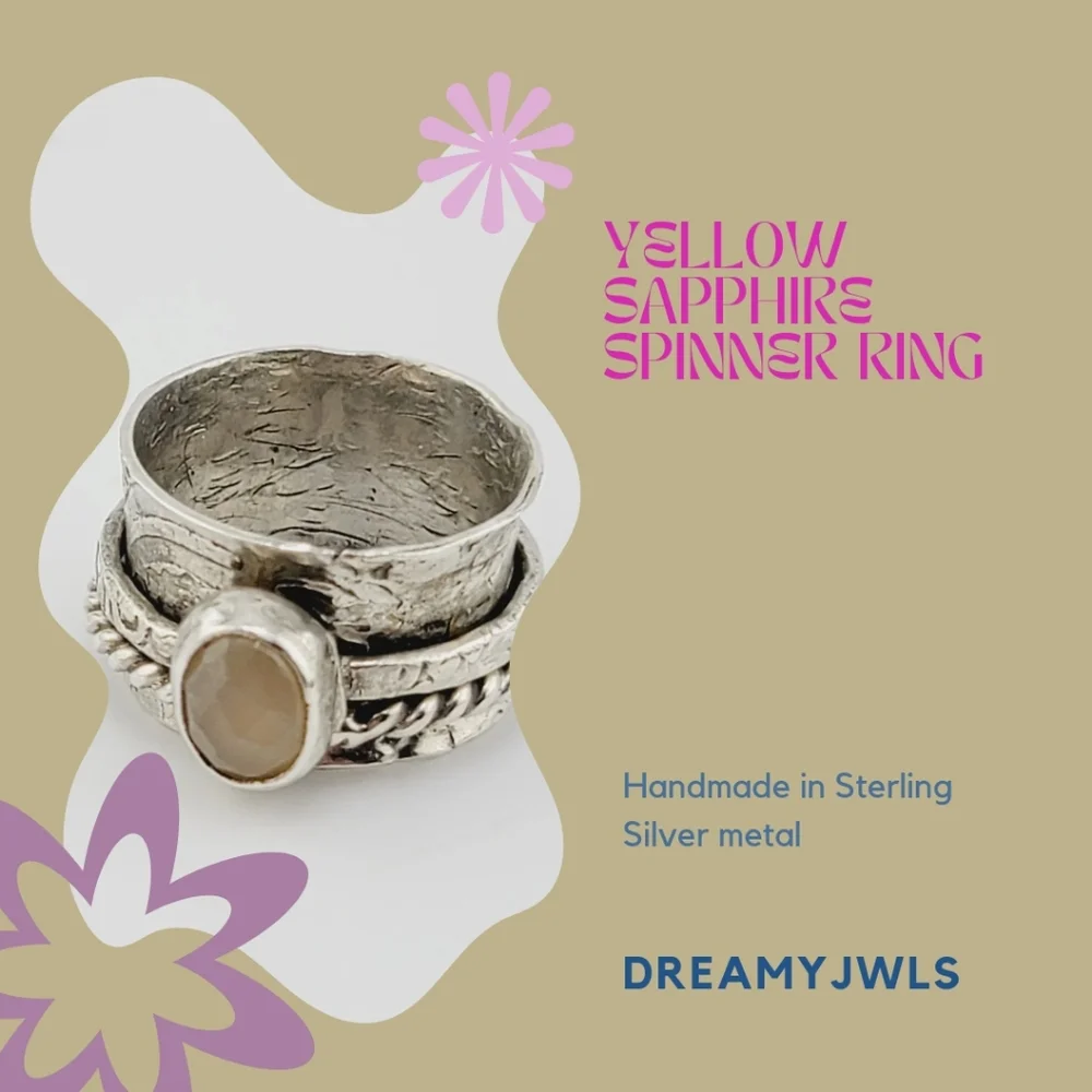 YELLOW SAPPHIRE ANXIETY RELIEF RING HANDMADE IN STERLING SILVER METAL SIZE 7 - Picture 6 of 6